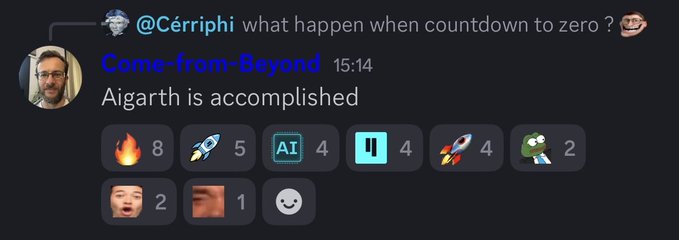 The image features a person's head, with a message displayed underneath that reads: "What happens when countdown to zero? Come-from-Beyond Agarth is accomplished". This statement seems to be part of a discussion or conversation related to an event involving multiple people and their participation in it. The text suggests that the person's head image has been incorporated into the ongoing chat, possibly as a way to acknowledge or share information about this individual.