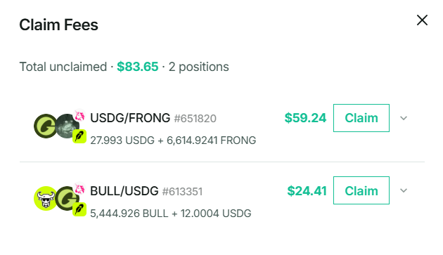 A 'Claim Fees' interface displaying a total unclaimed amount of $83.65 across 2 positions, including $59.24 for the USDG/FRONG liquidity pool #651820 and $24.41 for the BULL/USDG pool #613351.