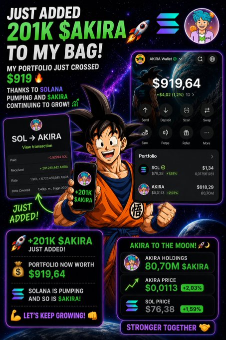 A promotional post celebrating the addition of 201K $AKIRA to a portfolio, featuring a Goku character, showing a portfolio value of $919.64 and referencing Solana ($SOL) at $76.38 and $AKIRA at $0.0113.