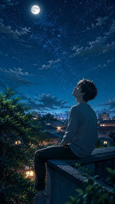 An anime-style illustration shows a person with dark hair sitting on a rooftop ledge, gazing up at a full moon and starry sky over a cityscape.