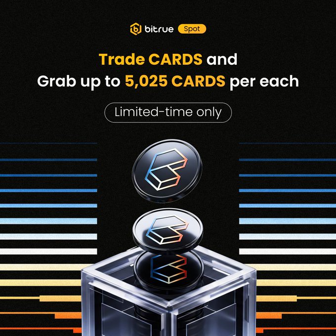 This image shows coins with the "B" logo, promoting Bitrue Spot's "Trade CARDS and Grab up to 5,025 CARDS per each" limited-time offer, which aligns with the post's "$CARDS Listing Rewards Are Live!" announcement.