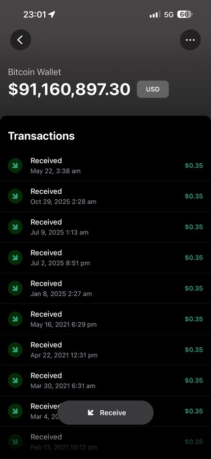 A Bitcoin Wallet screenshot showing a balance of $91,160,897.30 USD with numerous small "Received" transactions of $0.35 each, humorously illustrating the user's point about stacking small UTXOs (unspent transaction outputs) that need to be consolidated or swapped to mainchain Bitcoin via Liquid_BTC.