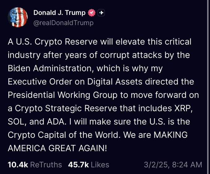 The image is a Truth Social post from Donald J. Trump (@realDonaldTrump) dated 3/2/25, 8:24 AM, announcing that his Executive Order on Digital Assets directed a Presidential Working Group to establish a Crypto Strategic Reserve including XRP, SOL, and ADA, with 10.4k ReTruths and 45.7k Likes. The post directly relates to the accompanying commentary highlighting the 589-day gap since Trump first named $XRP in this reserve proposal, with October 12 marking the anniversary date.