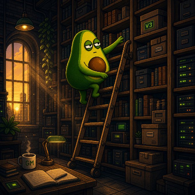 A cartoon avocado character climbing a wooden ladder in a cozy library filled with bookshelves, boxes, and a sunset visible through a window, with a coffee mug labeled 'GM' on a desk.