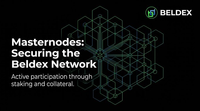 Black promotional graphic featuring the BELDEX logo and text "Masternodes: Securing the Beldex Network" with subtitle "Active participation through staking and collateral."