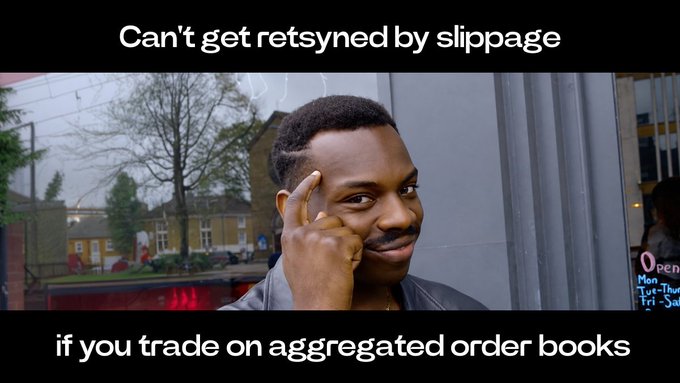 A meme image showing a man pointing to his temple with text reading 'Can't get retsyned by slippage' at the top and 'if you trade on aggregated order books' at the bottom.