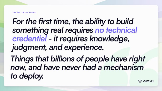A quote graphic from ValWorld stating 'THE FACTORY IS YOURS: For the first time, the ability to build something real requires no technical credential - it requires knowledge, judgment, and experience.'