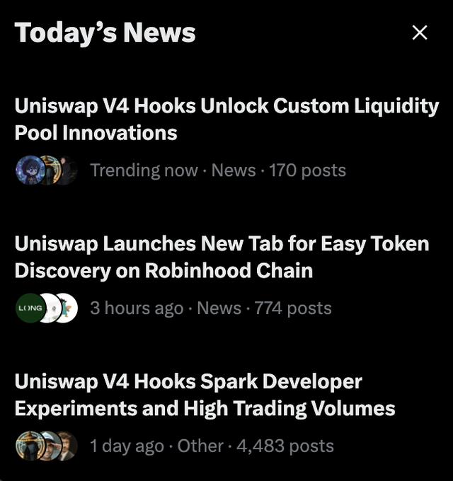 A "Today's News" feed displaying three headlines about Uniswap's V4 Hooks updates and new token discovery tab on Robinhood Chain, with 774 and 4,483 posts respectively. The trending Uniswap news supports the post's call for Hayden Adams to discuss V4 Hooks on MCG.