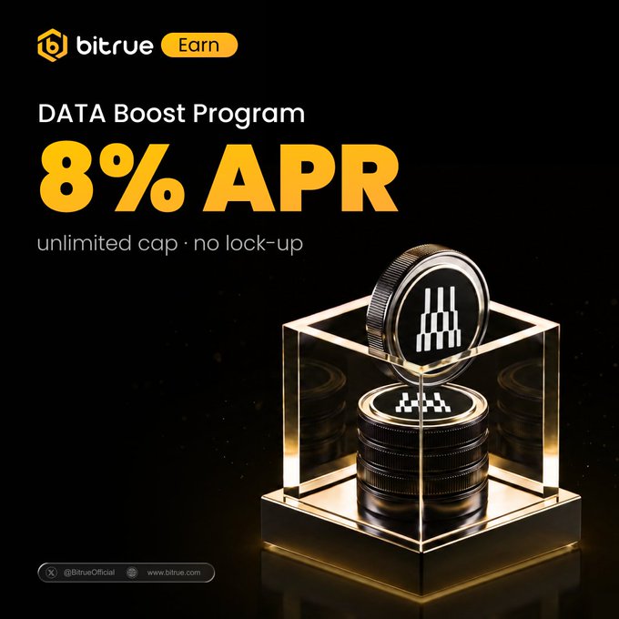 Bitrue advertisement promoting a "DATA Boost Program" offering 8% APR with "unlimited cap · no lock-up," featuring the Bitrue logo, a stylized DATA token graphic in a glass cube, and contact details @BitrueOfficial and www.bitrue.com, visually reinforcing the post's announcement of $DATA earning 8% APR rewards through flexible, no lock-up staking.