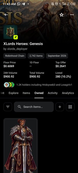Screenshot of an NFT marketplace listing for 'XLords Heroes: Genesis' by xlords_deployer on Robinhood Chain, showing a floor price of $0.6069, 24H volume of $900.92, and 1.2K holders.