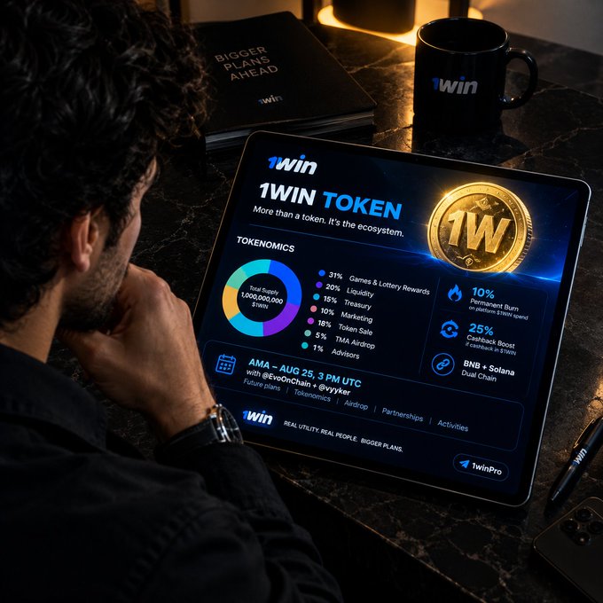 A man views a tablet displaying the 1WIN Token ecosystem page, detailing allocations such as 31% Games & Lottery Rewards, 20% Liquidity, and an AMA event on Aug 25, 3 PM UTC, with a 1WIN-branded mug and notebook nearby.