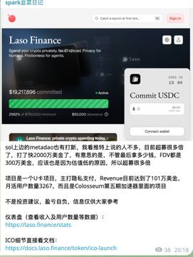 A Chinese-language post from 'spark韭菜日记' reviewing the Laso Finance IDO on the Metadao platform, mentioning an investment of 8,200 FDV valued at 300万美元 and an airdrop of $101 in $CKEY tokens.