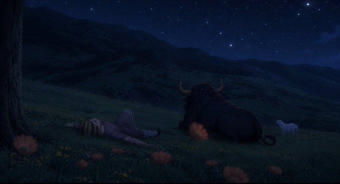 A serene nighttime scene of a person lying on grass beneath a tree next to a large dark bull, with a small white lamb nearby, all under a starry sky in a hilly landscape.