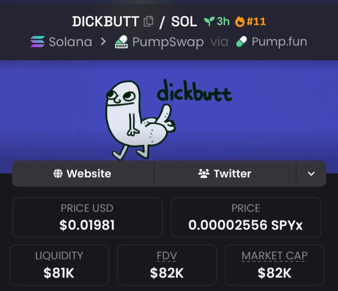 Screenshot of a cryptocurrency token page for 'DICKBUTT' (ticker: SOL) on the Solana blockchain via PumpSwap, showing a cartoon character and prices including $0.01981 USD and a market cap of $82K.