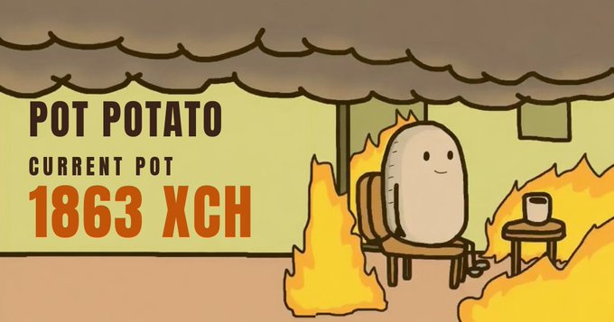 A cartoon graphic for a 'POT POTATO' tip jar showing a 'CURRENT POT' of '1863 XCH', depicting a smiling potato character sitting in a chair surrounded by flames and smoking a pipe.