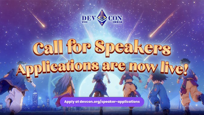 A promotional graphic for Devcon VIII India 'Call for Speakers,' featuring anime-style characters and the URL devcon.org/speaker-applications.