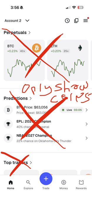 A screenshot of a trading app interface with red X marks crossing out sections, with handwritten text reading 'Only Show Coins'.