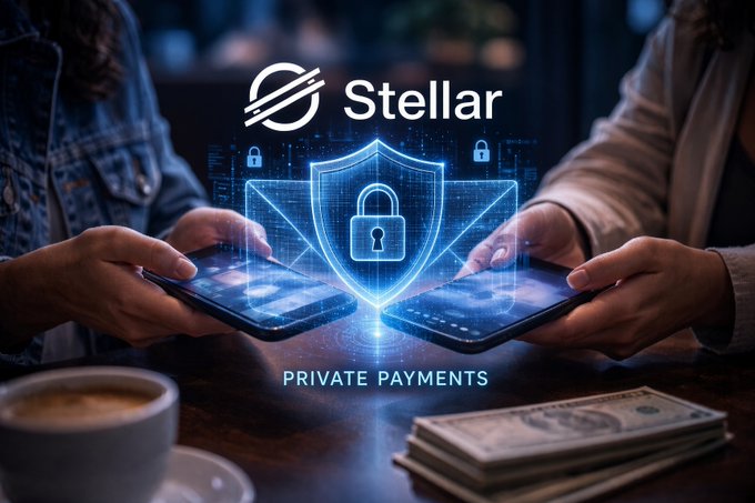 Two people sit across a table holding smartphones facing each other, with a glowing blue shield and padlock hologram projected between them alongside the "Stellar" logo and "PRIVATE PAYMENTS" text, visually representing the secure, peer-to-peer nature of Stellar Private Payments (SPP), the privacy-pool implementation developed by Nethermind for the Stellar network.