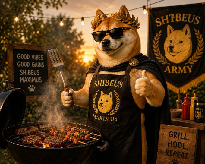 An AI-generated image of a Shiba Inu dog wearing sunglasses and a 'SHIBEUS MAXIMUS' apron, grilling meat and giving a thumbs-up next to signs reading 'GOOD VIBES GOOD GAINS' and 'GRILL. HODL. REPEAT.'