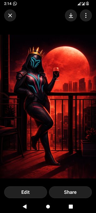The image features a woman dressed as a character from Legends of Tomorrow with a crown, holding a wine glass and standing near a balcony or deck area. The background shows a red moonlit sky, which complements her outfit. The caption for this image reads "Good Night Legends Get some rest tonight Cos tomorrow, No excuses $STKR X @RRMemeMilitia launchmynft.io/collections/4m".