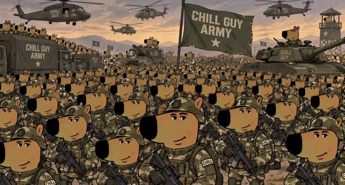 A digital artwork showing a massive army of cartoon dogs dressed as soldiers, carrying rifles, with military vehicles and helicopters flying overhead. Banners and vehicles display the text 'CHILL GUY ARMY'.