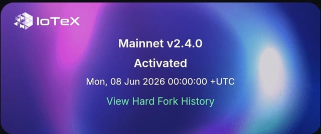 The image shows a purple background with white text that reads "Mainnet v2.4.0 Activated Mon, 08 June 2016 20:00:00 + UTC". The main focus of the image is the block height of 48,985,561 and the time it was activated at 20:00:00 +UTC.