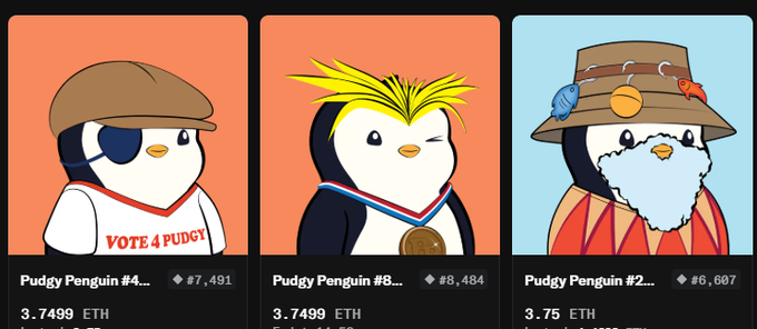 Three Pudgy Penguin NFT cards displayed for sale, including "Pudgy Penguin #4..." priced at 3.7499 ETH, "Pudgy Penguin #8..." at 3.7499 ETH, and "Pudgy Penguin #2..." at 3.75 ETH.