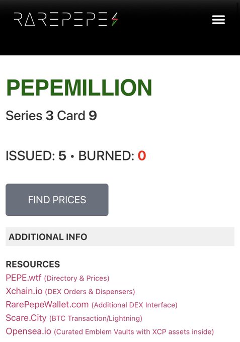 The image shows a webpage displaying information about an item called "Rare Pebmillion". It has a title, text description, price information, and other relevant details. The focus of this image is a screenshot of the Rare Pepe website, which appears to be discussing the art piece or possibly offering it for sale on Ebay or another platform.