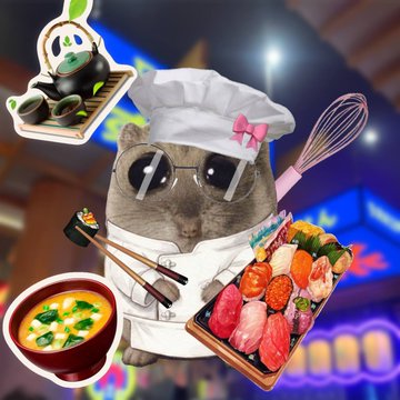 A cute cartoon cat wearing a chef's hat and sunglasses, holding chopsticks, surrounded by sushi, sashimi, miso soup, a whisk, and a watermelon cat sticker.