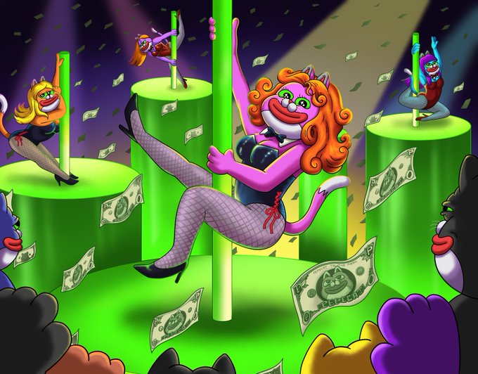A colorful, satirical digital illustration depicting anthropomorphic cats pole dancing on green poles with money raining down, set against a dark background.