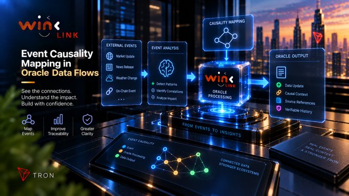 A promotional graphic for WinkLink titled 'Event Causality Mapping in Oracle Data Flows' displays a holographic diagram with panels for 'EXTERNAL EVENTS', 'EVENT ANALYSIS', 'CAUSALITY MAPPING', and 'ORACLE OUTPUT' centered around a 'WINKLINK ORACLE PROCESSING' cube, set against a city skyline with the Tron logo.