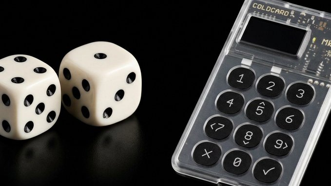 Two white dice sit beside a Coldcard hardware wallet displaying a numeric keypad (0-9) and an OLED screen, visually representing the contrast between true random number generation (dice) and the cryptographic random number generation used in hardware wallets like Coldcard, which came under scrutiny following recent Bitcoin theft incidents.