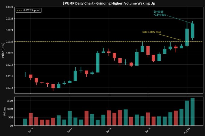 A daily candlestick chart for $PUMP showing a price of $0.0025 with a +13% gain, supported by a 0.0022 support level and increasing volume.