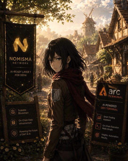 The image depicts a girl wearing a red scarf and a brown jacket standing next to an advertisement for Nomisma Network. It also shows that she has a new trade bot or service on her browser, and the focus of the poster is the Nomisma Network app, which offers trading, analysis tools, and rewards.