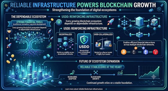 An infographic titled 'RELIABLE INFRASTRUCTURE POWERS BLOCKCHAIN GROWTH' highlighting USDD as a decentralized, over-collateralized stablecoin reinforcing blockchain infrastructure.