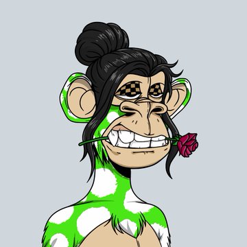 A cartoon-style illustration of a Bored Ape-style character with green and white fur, a black hair bun, a red rose in its mouth, and distinctive pixelated sunglasses.