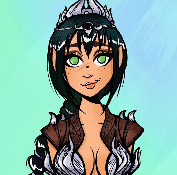 A digital illustration of a fantasy female character with dark green hair, green eyes, freckles, and a silver crown, wearing an ornate outfit with silver and brown details.