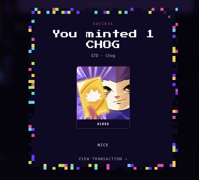 A dark-themed NFT minting success screen displays a pixelated border with colorful confetti-like squares, announcing "SUCCESS - You minted 1 CHOG" with the label "GTD · Chog" beneath it, showcasing character artwork #1088 of a purple cat-like creature holding a golden card. The context relates directly to the post about Chog NFTs, where the user is expressing confusion about the dramatic price discrepancy between free mints and a $250 secondary market listing.