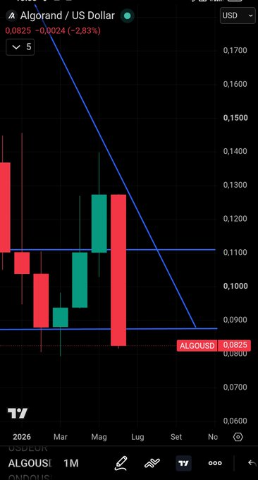 A TradingView chart of Algorand (ALGO/USD) on a monthly timeframe shows a steep downtrend, with price currently at 0.0825 USD (-2.83%), reflecting the post's claim that recent sell-offs have crushed both the chart and market confidence despite representing a potentially attractive long-term entry.
