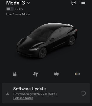 A Tesla app interface for Model 3 at 53% battery shows Low Power Mode enabled, with a Software Update downloading version 2026.27.11 (50%).