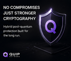 The image shows a purple shield with an 'Q' at its center, along with some text explaining a strong cryptography system in the background. The text implies that the company behind this technology has thought about security aspects extensively, as they have implemented a hybrid-post-quantum protection built for long-term use. This demonstrates their understanding of the challenges and risks involved in creating an effective and long-lasting protection system against cyber threats.