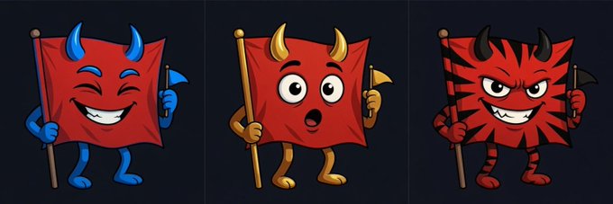 Three cartoon red flag characters with horns and sticks, showing different expressions (smiling, surprised, and angry) against dark backgrounds.