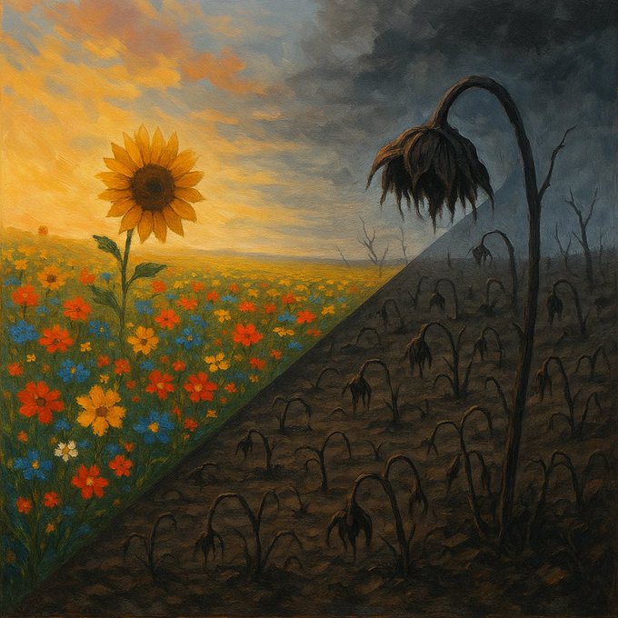 A split-style painting contrasting a vibrant field of colorful flowers and a bright sunflower on the left half against a dark, desolate landscape with withered sunflowers on the right.