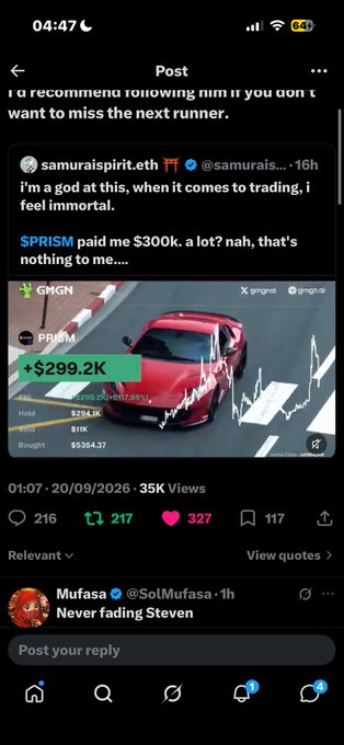 A screenshot of a social media post about trading, showing a red car graphic with the ticker '$PRISM' up '+$299.2K', posted by @samuraispirit.eth with 35K views.