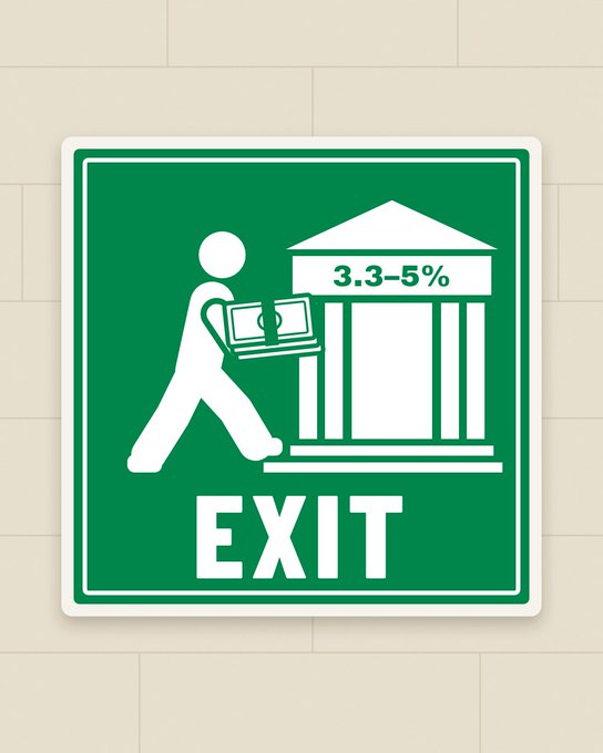 A green emergency exit sign depicting a stylized figure carrying a briefcase of cash leaving a building labeled '3.3-5%' above the word 'EXIT'.