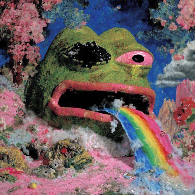The image features an abstract painting with a green frog head that appears to be breathing fire out of its mouth. The frog's face has two eyes and a pink nose, giving it a unique appearance. The background of the painting is filled with various elements such as flowers, trees, and rocks, creating a vibrant and colorful scene. The colors used in the painting are predominantly green, red, and yellow, which adds to its abstract nature. The image seems to be related to the post "Pepe Nation Capturing Pepe the Frog as he survives the darkest days of crypto - red candles, broken dreams, and diamond-handed hope".