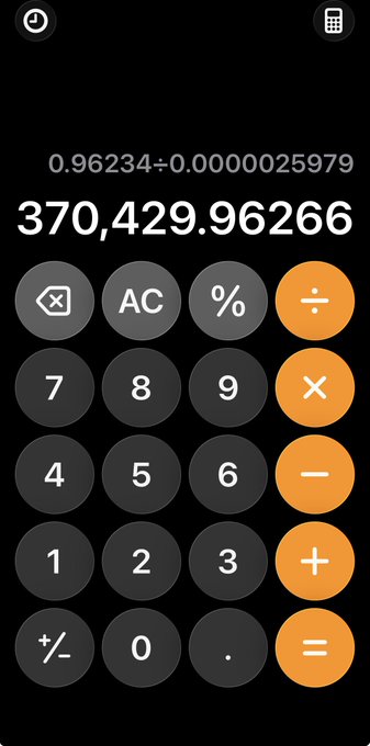 A smartphone calculator app displays the result '370,429.96266' from the calculation '0.96234 ÷ 0.0000025979'.