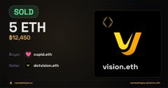 A NFT sale screenshot shows 'SOLD 5 ETH $12,450' with the 'vision.eth' logo and buyer 'cegid.eth' on a dark background.
