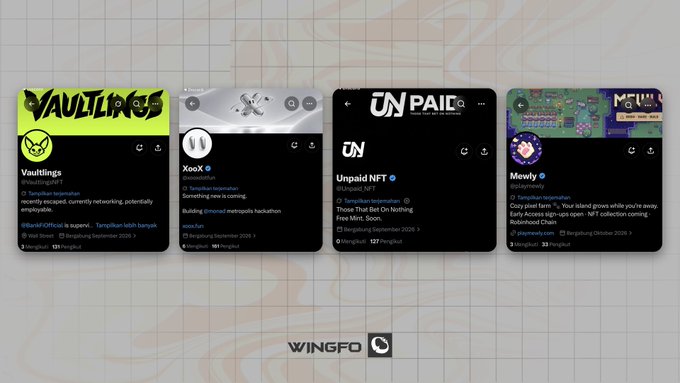 Four NFT profile cards displayed on a grid backdrop, featuring Vaultlings NFT, Xoox, Unpaid NFT, and Mewty—highlighting early-stage NFT projects with whimsical character lore, including a free mint teaser from Unpaid NFT and new developments from Xoox on Monad.