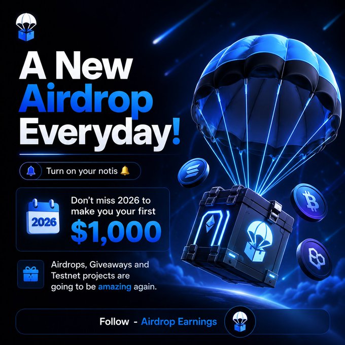 A promotional graphic featuring a glowing blue parachute crate surrounded by crypto coins (including Bitcoin) delivers the headline "A New Airdrop Everyday!" while urging viewers to "Turn on your notis" and chase their first $1,000 in 2026 through airdrops, giveaways, and testnets by following "Airdrop Earnings."